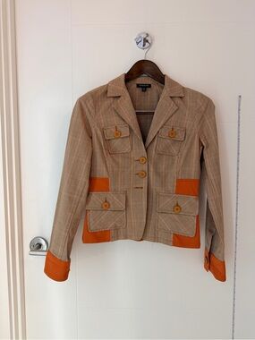 bebe Beige Plaid Blazer with Orange Accents